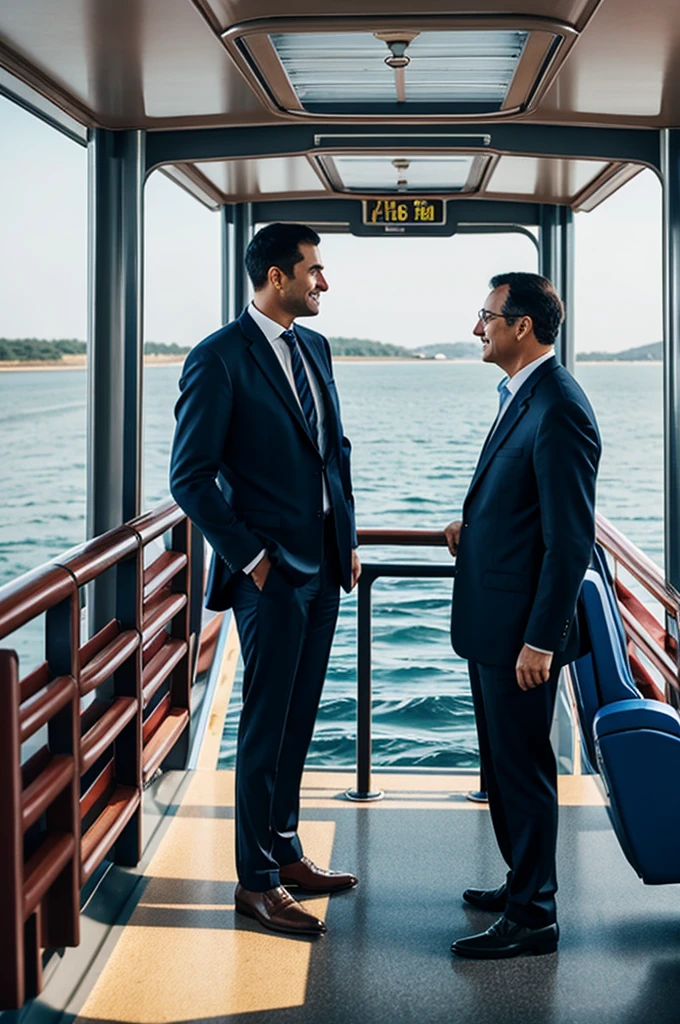 Two gentlemen talking inside a ferry