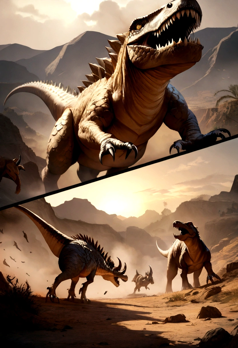 A fierce battle between a T-Rex and a Triceratops, (Highest quality, 4K, High resolution, 超detailed), Intense Combat, Roar and trumpet, Dusty prehistoric landscape, Realistic Shadows, Vibrant colors, (detailed, Complex, Elaborate) Dinosaur scales and texture, Dynamic Movement, (violent, Dinosaur facial expressions, (Powerful, Muscular) Corpse, sharp teeth and corners, (Big Ass, Hall々And) size, (dramatic, dynamic) Light, (Powerful, Lively) Pause, (tension, Expectations) In the sky, One to One, Blood, hunting, Defense, A life or death battle