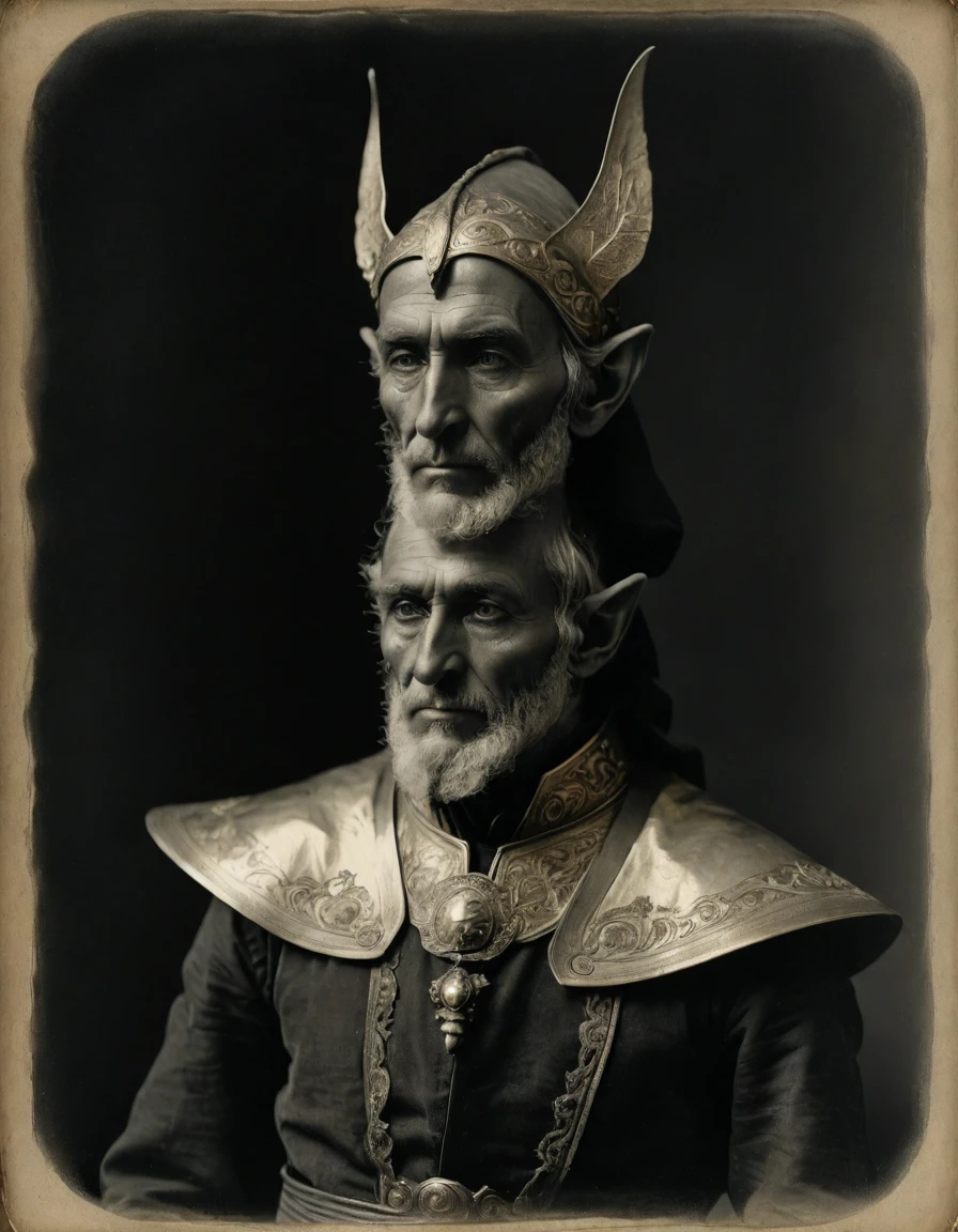 (((Masterpiece, daguerreotype on old paper, monochrome))), by Moebius, by Théodore Géricault, the composition is: ((30 year old male Babylonian high elf scientist, elf ears, Mesopotamian beard, sullen, arrogant, magnificent, he is wearing futurist brass art déco costume)).