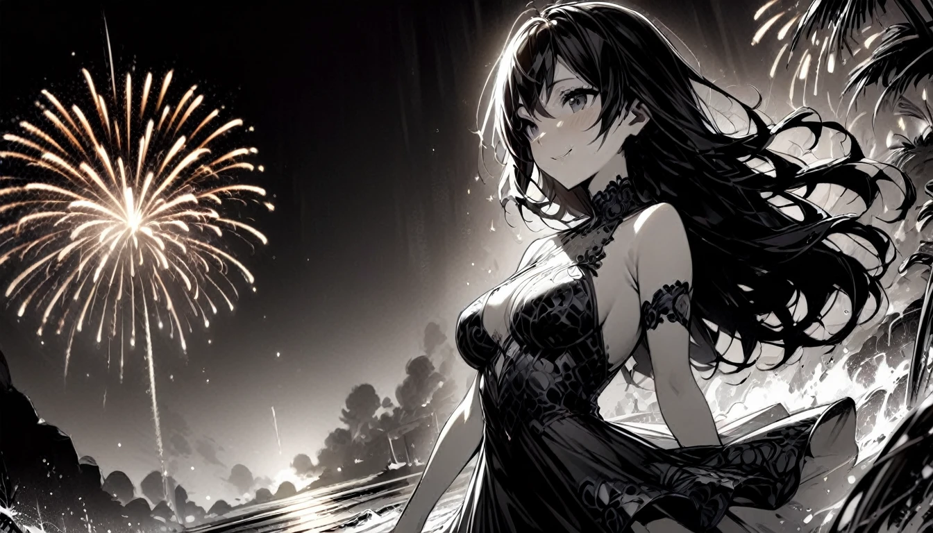 1girl, expressive eyes, sunglass, smile, black patterned clothes dress, contemplate the sky, big beach with fireworks in the sky in background, detail richness, masterpiece, best quality
