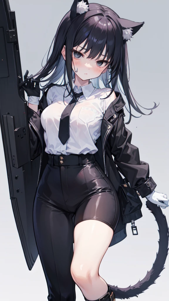 18-year-old Shota,cute,Wear a white long-sleeved shirt and a black work tie,Wear black pants,Wear black booties,Wear white gloves,wear cat ear,Black hair,Black eyes,Very thin waist,Very thin legs,Handsome,Disdainful and cold expression,shy,blush,Sweating,porn,Is giving sexual assault,Glove removal action