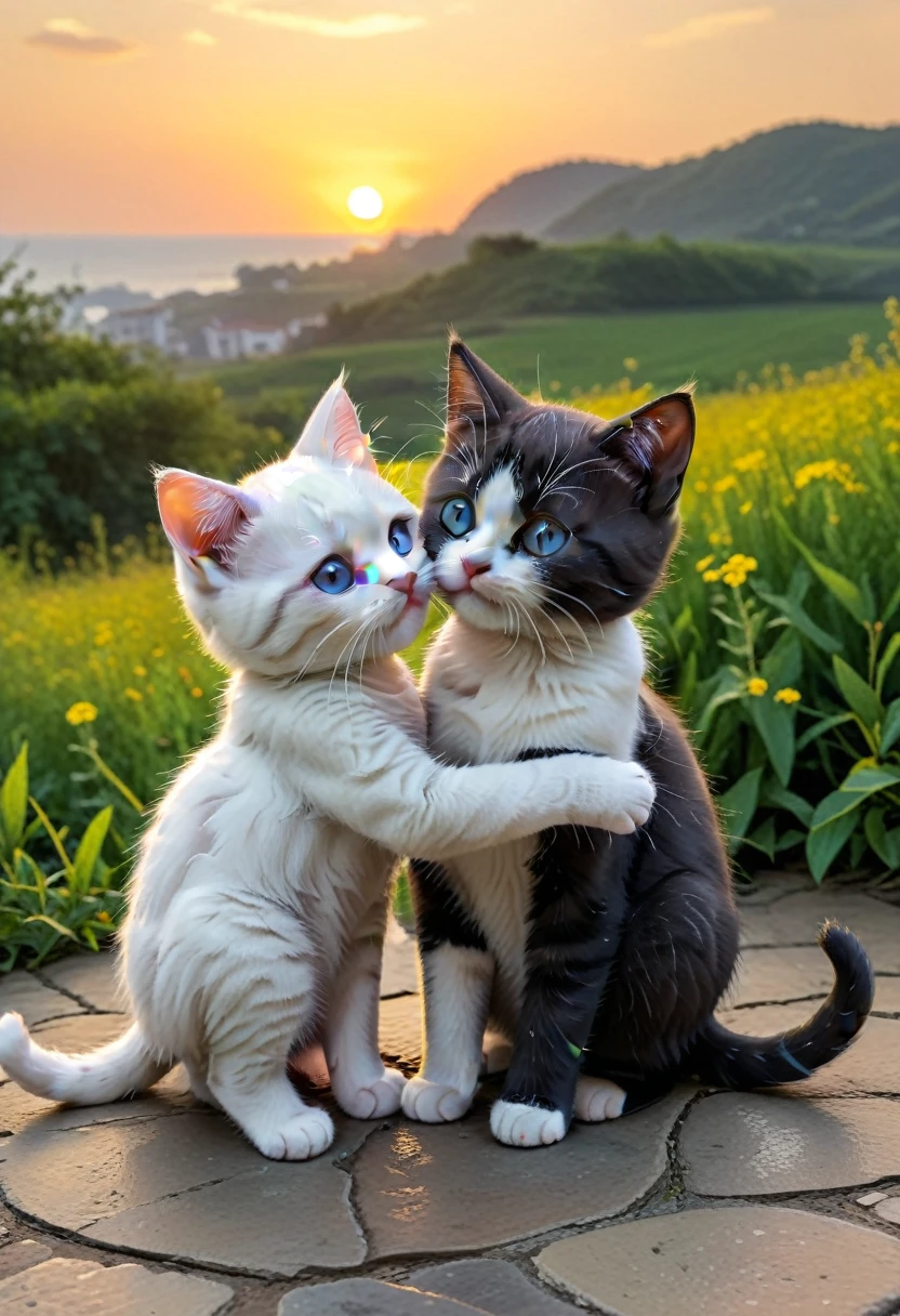 With the sunset in the background,(masterpiece:1.2, high quality), Two kittens huddled together、