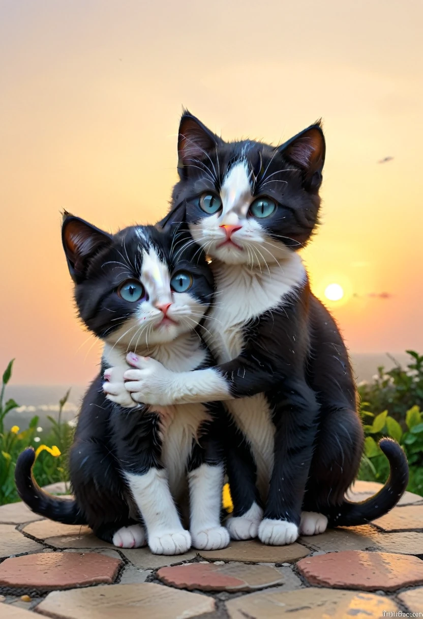 With the sunset in the background,(masterpiece:1.2, high quality), Two kittens huddled together、