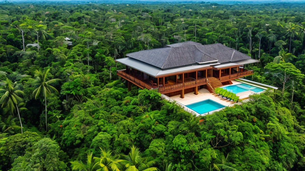 Luxury house in the middle of the Amazon rainforest, view from above, beautiful place, wide view of nature, very detailed, Amazonian style, ultra realistic image, 8k