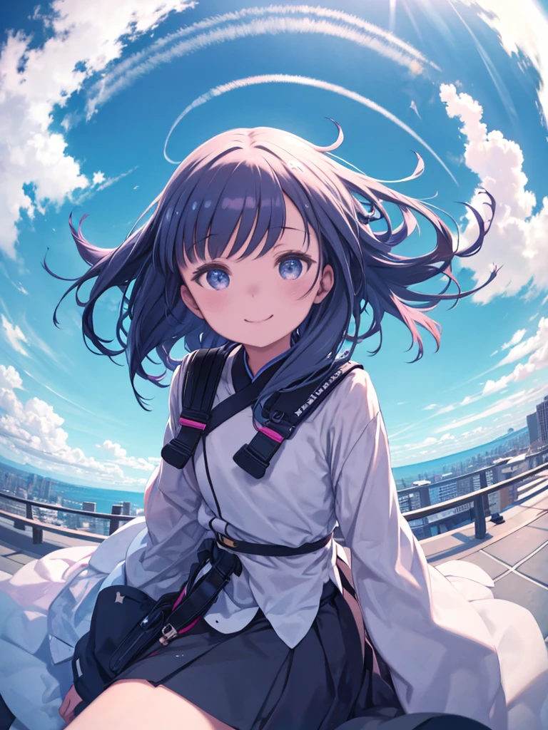 One Girl、Rooftop、Looking up at the blue sky、Angle from below、Contrail、Hair blowing in the wind、Smiling、Fisheye Lens、