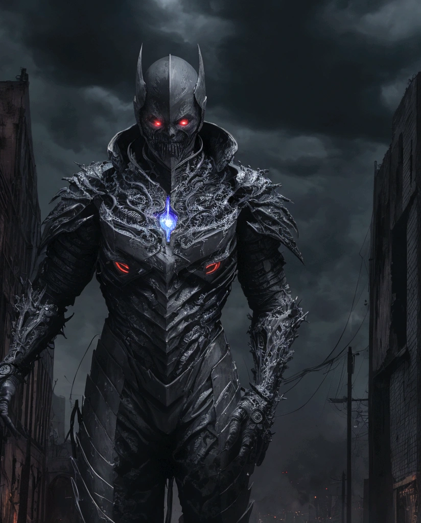 (extremely detailed 8k wallpaper), a medium shot photo of scary Grim dressed as a storm-man supervillain in an armour made of glowing wires from marvel, theme, intricate, high detail, dramatic, old scary city with an crazy storm in the background