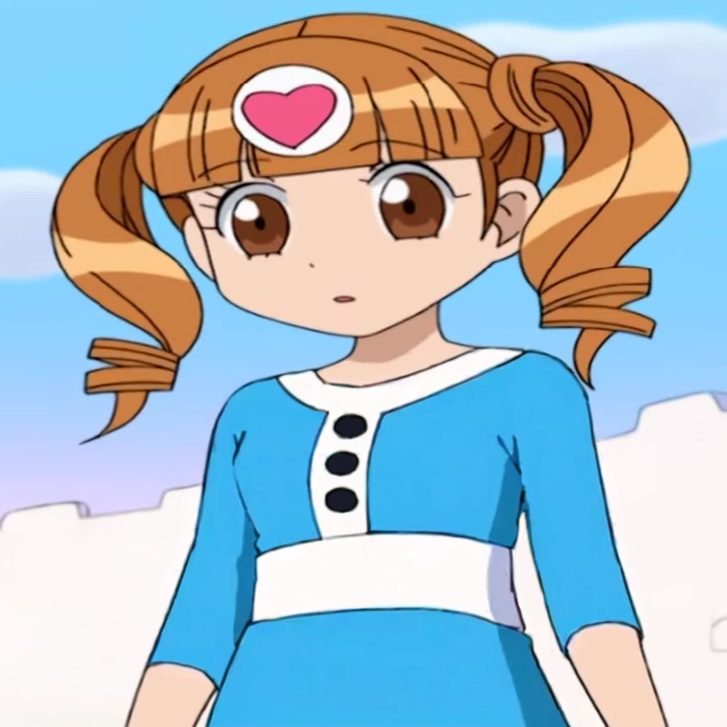 a close up of a cartoon girl with a heart on her head, anime girl named Uta, Orange cardigan, Pink dress,