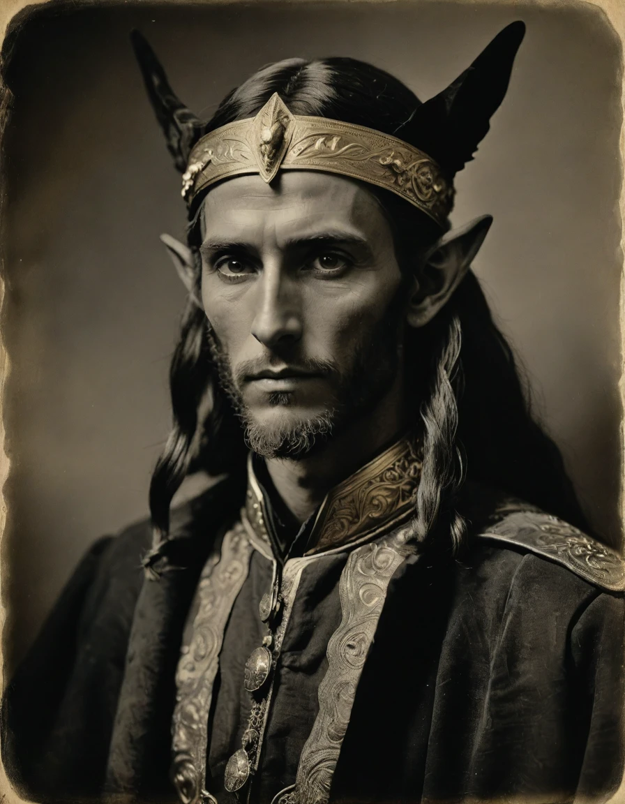 (((Masterpiece, daguerreotype on old paper, monochrome))), by Moebius, by Théodore Géricault, the composition is: ((25 year old male Babylonian high elf scientist, elf ears, Mesopotamian beard, sullen, arrogant, magnificent, he is wearing futurist brass art déco costume)).