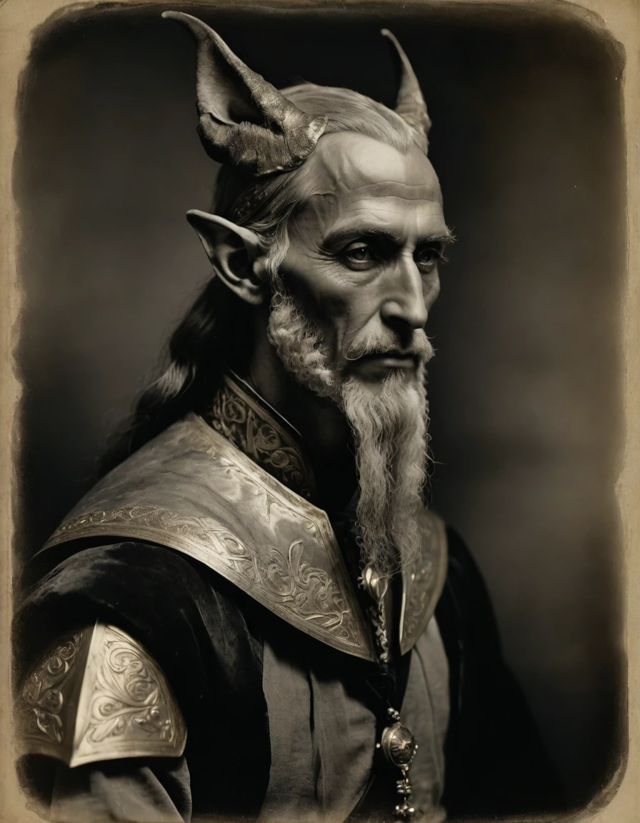 (((Masterpiece, daguerreotype on old paper, monochrome))), by Moebius, by Théodore Géricault, the composition is: ((25 year old male Babylonian high elf scientist, elf ears, Mesopotamian beard, sullen, arrogant, magnificent, he is wearing futurist brass art déco costume)).
