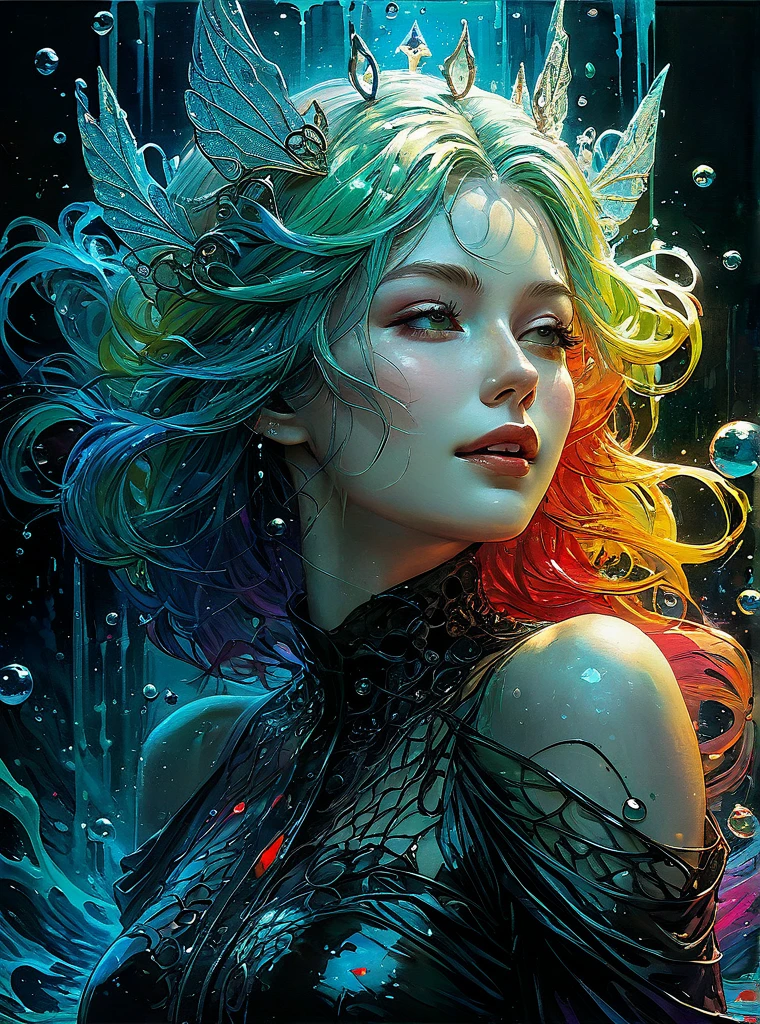 a Girl, laughing, Colorful colors, surrounded by water bubbles, in the style of Kawacy, Masterpiece, Oil painting drawn in anime style, head close - up, exaggerated perspective, Tyndall effect, water drops, mother - of - pearl iridescence, Holographic white, chess queen outfit, anime girl, girl with a pretty face, white gold hair, green eyes, goth girl, ((sexy school uniform)), wearing a stylish very sexy , with a funny expression on her face, Hellwalker, incombing death, black bloody veins growing and intertwining out of the darkness, oozing thick yellow blood, veins growing and pumping blood, (chubby female body:0.8), vascular networks growing, connecting, explanding, red veins everywhere, zdzislaw beksinski, (sharp colors:1.3), (rainbow skin:1.1), (Infrared:1.2), ultra detailed, intricate, ((dry brush, ultra sharp)), (surrealism:1.4), (disturbing:1.5), beksinski style painting, satanic symbols, (full torso), full body in frame, centered body, kawaii, realistic, ((intricate details)), (pale gothic evil queen), ibrant, action-packed, detailed character design, reminiscent of fighting video games, black bloody veins growing and intertwining out of the darkness, oozing thick neon rainbow blood, veins growing and pumping blood, vascular networks growing, connecting, explanding, red veins everywhere, zdzislaw beksinski, (vibrant colors:1.1), dynamic pose, perfect face, (realistic eyes), perfect eyes, ((dark gothic background)), sharp focus