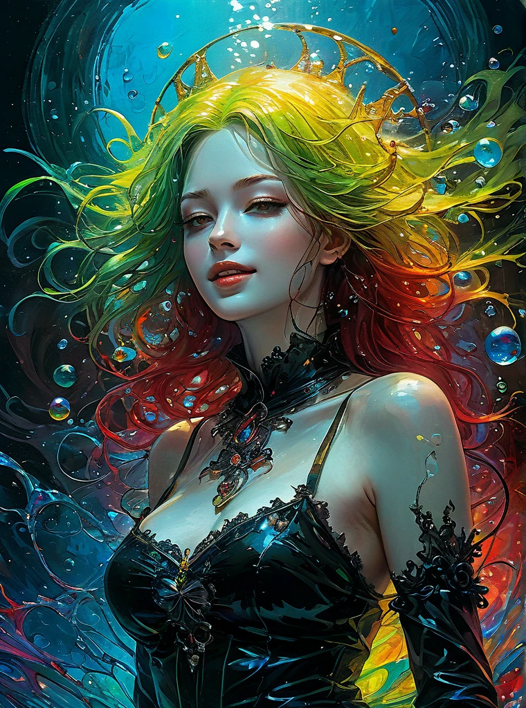 a Girl, laughing, Colorful colors, surrounded by water bubbles, in the style of Kawacy, Masterpiece, Oil painting drawn in anime style, head close - up, exaggerated perspective, Tyndall effect, water drops, mother - of - pearl iridescence, Holographic white, chess queen outfit, anime girl, girl with a pretty face, white gold hair, green eyes, goth girl, ((sexy school uniform)), wearing a stylish very sexy , with a funny expression on her face, Hellwalker, incombing death, black bloody veins growing and intertwining out of the darkness, oozing thick yellow blood, veins growing and pumping blood, (chubby female body:0.8), vascular networks growing, connecting, explanding, red veins everywhere, zdzislaw beksinski, (sharp colors:1.3), (rainbow skin:1.1), (Infrared:1.2), ultra detailed, intricate, ((dry brush, ultra sharp)), (surrealism:1.4), (disturbing:1.5), beksinski style painting, satanic symbols, (full torso), full body in frame, centered body, kawaii, realistic, ((intricate details)), (pale gothic evil queen), ibrant, action-packed, detailed character design, reminiscent of fighting video games, black bloody veins growing and intertwining out of the darkness, oozing thick neon rainbow blood, veins growing and pumping blood, vascular networks growing, connecting, explanding, red veins everywhere, zdzislaw beksinski, (vibrant colors:1.1), dynamic pose, perfect face, (realistic eyes), perfect eyes, ((dark gothic background)), sharp focus