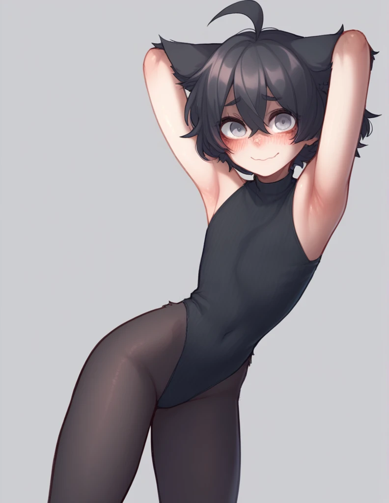 1 girl, alone, ppka, black fur, short hair, messy fur, Ahoge, parts, parts por todo el cuerpo, grey eyes, blind, cute smile looking at the viewer, embarrassed look, blushing,
Arms raised, visible armpits, visible chest part, part of the side of the exposed adomen, legs completely exposed,
Sleeves on the arms, black sleeves, leotardo sexy, sleeveless leotard, mayas on the legs, 
pose sexy, very flexible pose, leggings on the legs, 