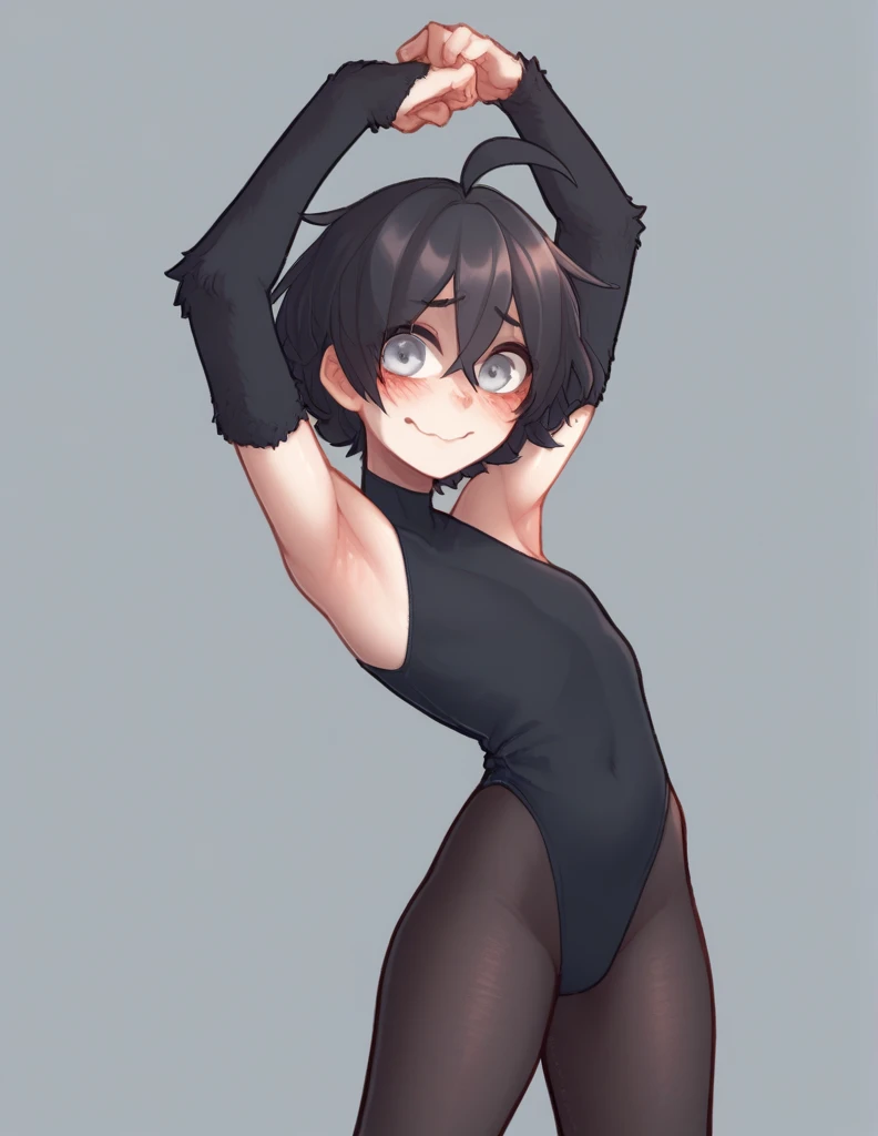 1 girl, alone, ppka, black fur, short hair, messy fur, Ahoge, parts, parts por todo el cuerpo, grey eyes, blind, cute smile looking at the viewer, embarrassed look, blushing,
Arms raised, visible armpits, visible chest part, part of the side of the exposed adomen, legs completely exposed,
Sleeves on the arms, black sleeves, leotardo sexy, sleeveless leotard, mayas on the legs, 
pose sexy, very flexible pose, leggings on the legs, 