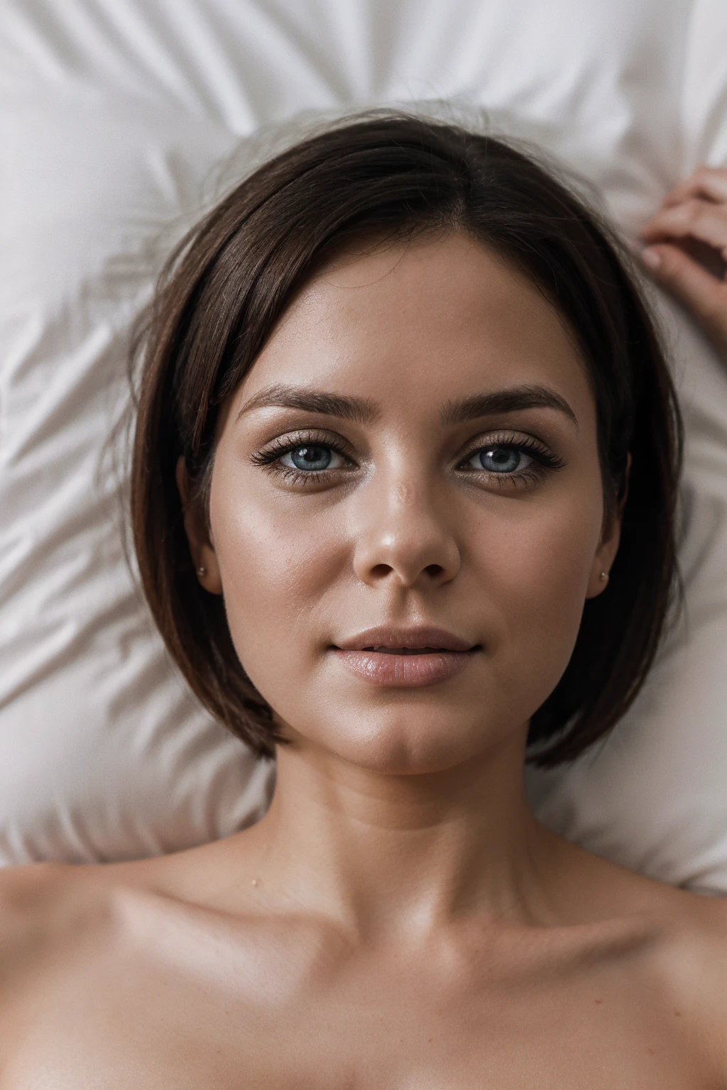 34 years old Maltese woman laying in bed beside photographer, early morning, cute, solo,beautiful detailed sky,detailed, (8k, RAW photo, best quality, masterpiece:1.2), (realistic, photo-realistic:1.37), ultra-detailed,(nose blush),(closed mouth), seductive smile, large aparture, professional lighting, Sony A7R4, Zessie 50mm F1.8, ,beautiful detailed eyes,(naked under covers:1.1),pleated,(short hair:1.2),floating hair, full body visible
