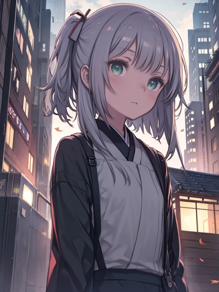 Japan, High resolution, Highest quality, figure, Super detailed, (Detailed face), (Fine grain), Soft lighting, Highest quality, Faint glow, Dreamy atmosphere, Super detailed, masterpiece, One girl, alone, Silver Hair, Green Eyes, knit, Glowing Eyes, Medium chest, (colorful), Cowboy Shot, From below, Outdoor, morning, cloud, Skyscrapers in the background, industrial use, public transport, Urban, concrete buildings, concrete, Sidewalk, busy, wood, autumn, Fallen leaves,