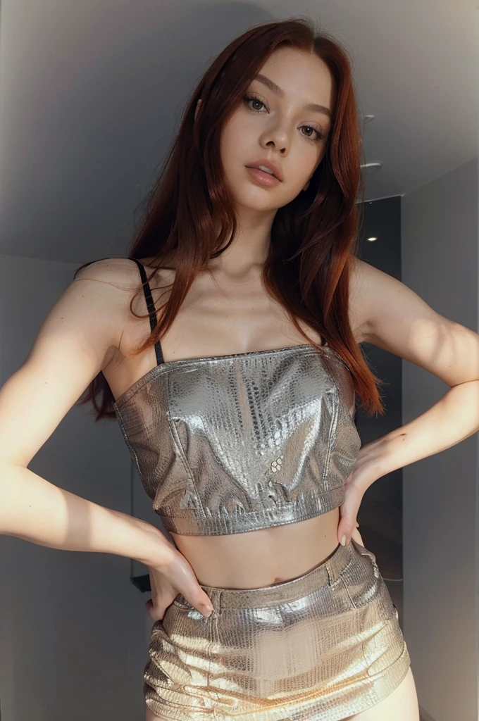 A Jennie wears a black top and black latex skirt and takes a photo in front of the mirror, He has very very long and intense orange hair, small waist, beautiful woman, Perfect woman, deep orange hair, Jennie has orange hair, Blackpink latex