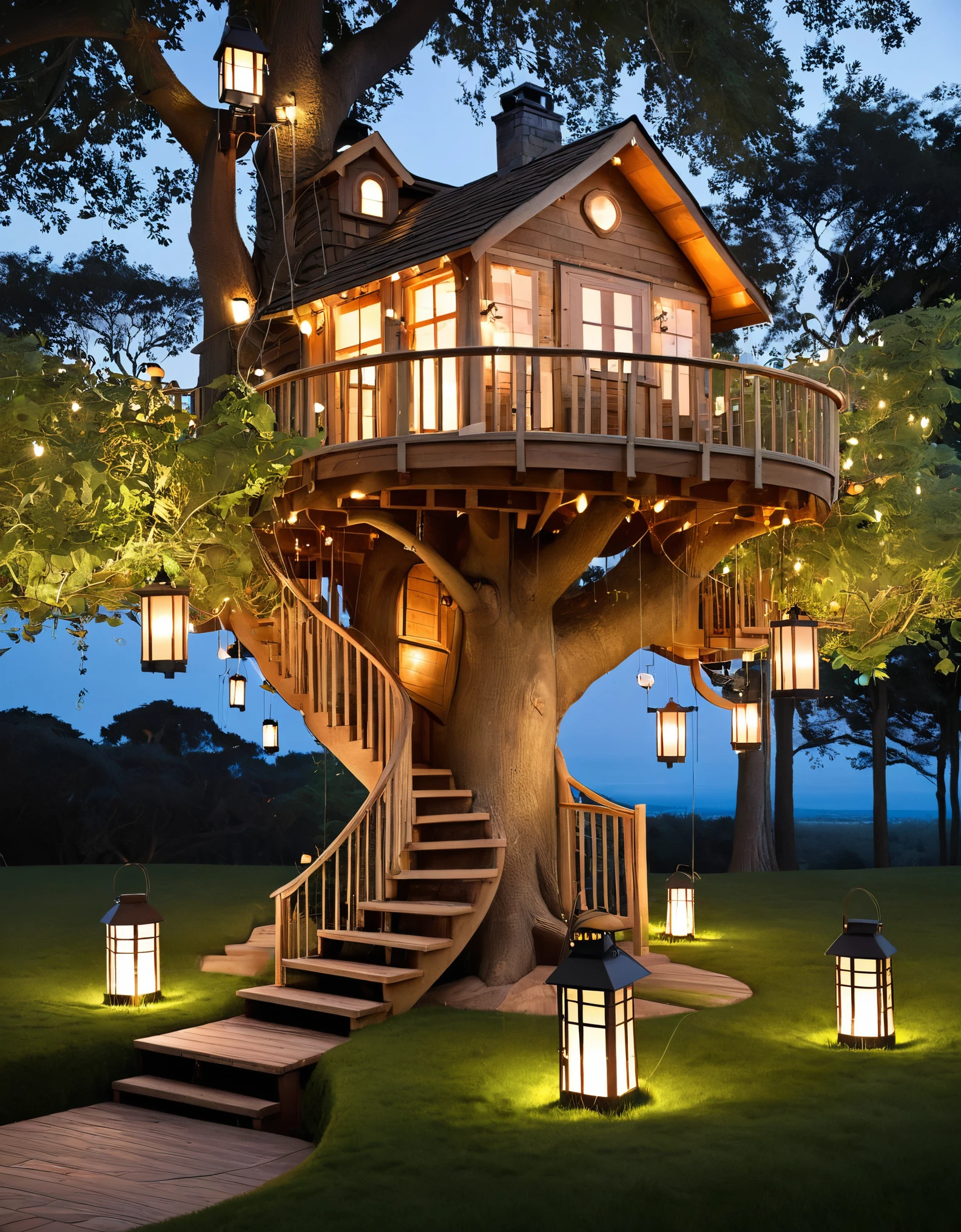 Design a whimsical treehouse with multiple floors and balconies, built into a large tree. Include glowing lanterns and vibrant greenery for a magical effect.