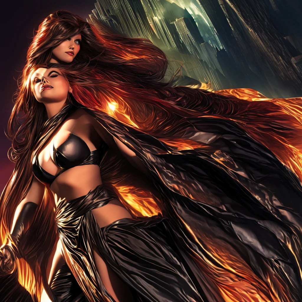 a beautiful 18 year old girl with flowing red hair,big breasts,goblin queen of the x-men in dynamic heroic pose,black bikini,highly detailed face,glowing skin,volumetric lighting,cinematic composition,dramatic lighting,rich colors,fantasy,concept art,digital painting,photorealistic,8k,best quality,masterpiece