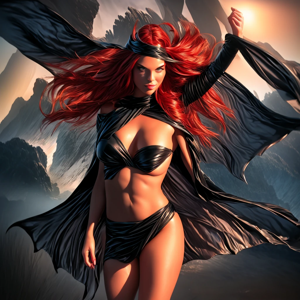 a beautiful 18 year old girl with flowing red hair,big breasts,goblin queen of the x-men in dynamic heroic pose,black bikini,highly detailed face,glowing skin,volumetric lighting,cinematic composition,dramatic lighting,rich colors,fantasy,concept art,digital painting,photorealistic,8k,best quality,masterpiece