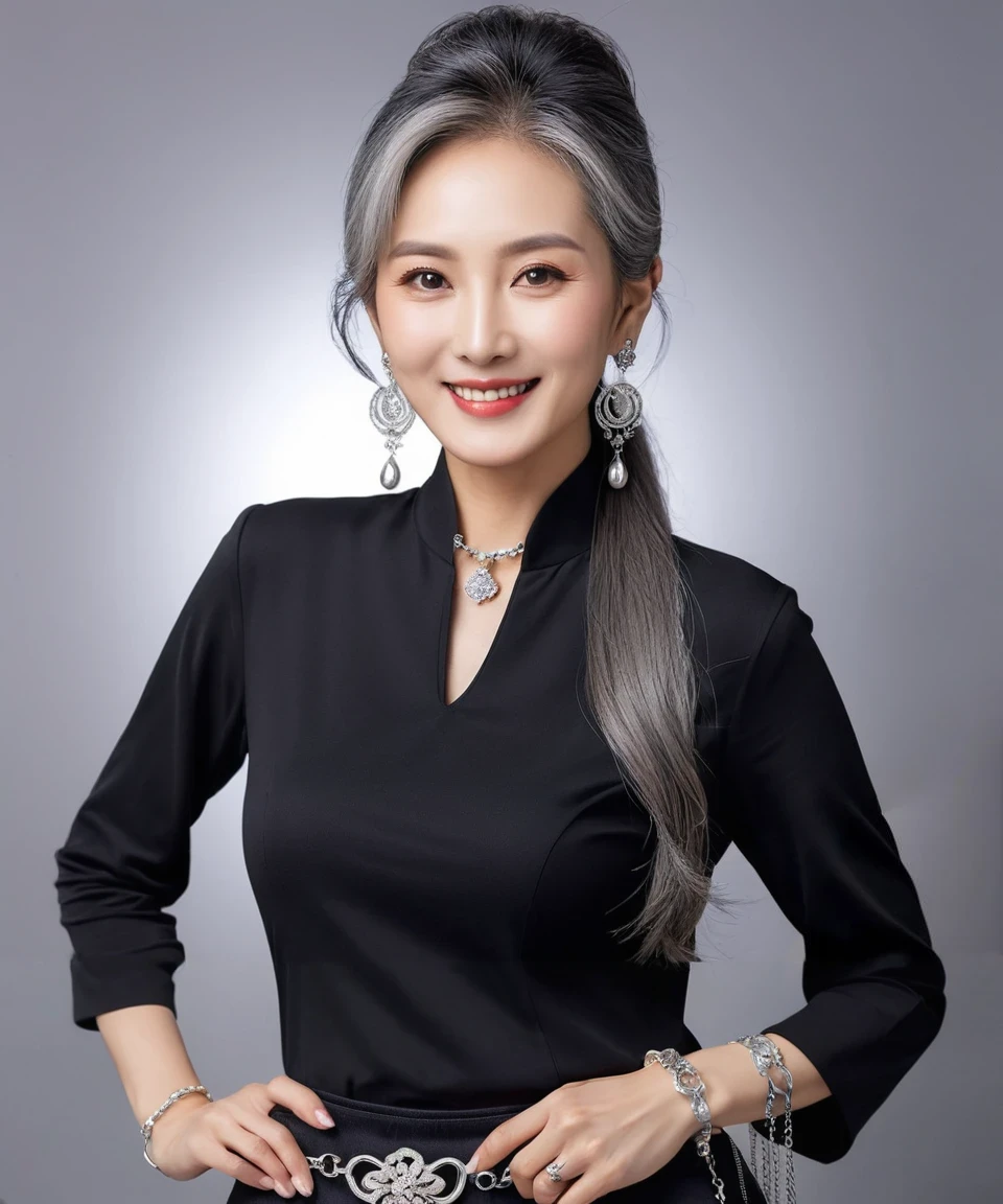 75 years old　mom　milf　Korean, Lady　large earring　Big choker　navel piercing decoration　A bracelet　Silver Hair　realisitic　Gorgeous Madame Beautiful Mature Woman　sexly　Smile　Gentle woman navel piercing　４K　High quality refrigerated case　Merchandise Shed　drink　Chain belt
