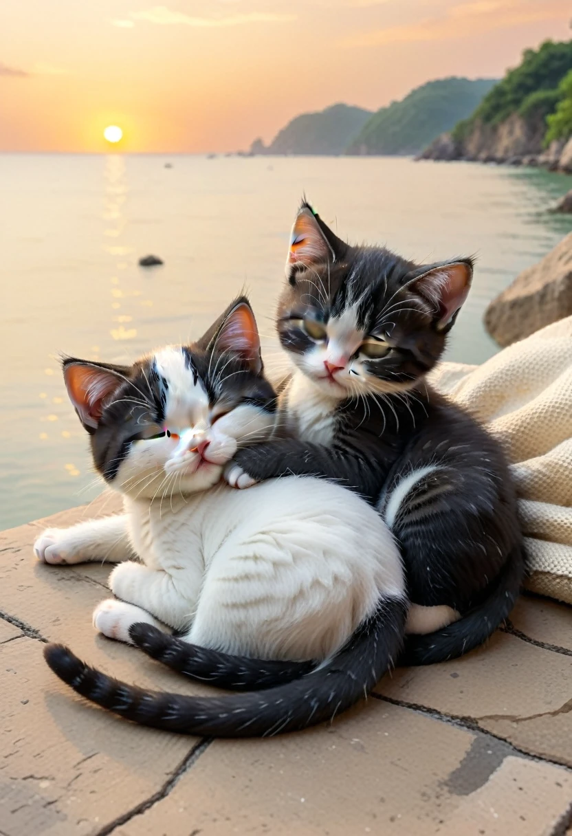 With the sunset in the background,(masterpiece:1.2, high quality), Sleeping together2Kittens、