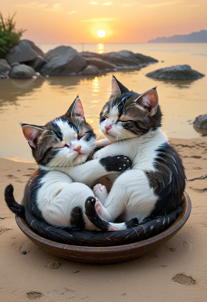 With the sunset in the background,(masterpiece:1.2, high quality), Sleeping together2Kittens、