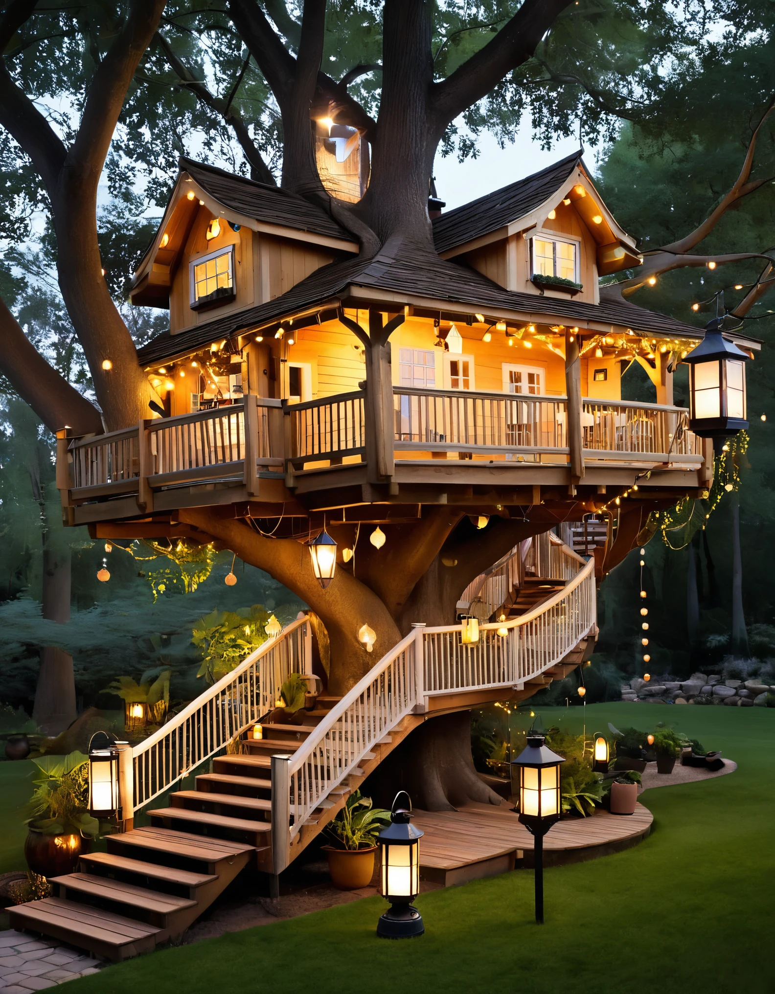 Design a whimsical treehouse with multiple floors and balconies, built into a large tree. Include glowing lanterns and vibrant greenery for a magical effect.