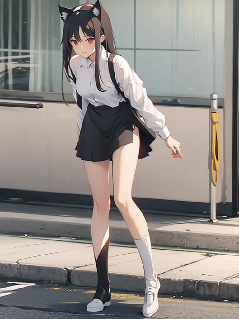 1girl ,The twenties,Sexy face,White shirt,Short black skirt,Long socks,Mediation ,Red poetry,long hair,Red eyes,Cat ears,Standing,classroom, arousing