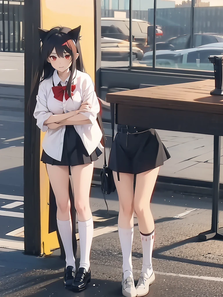 1girl ,The twenties,Sexy face,White shirt,Short black skirt,Long socks,Mediation ,Red poetry,long hair,Red eyes,Cat ears,Standing,classroom, arousing