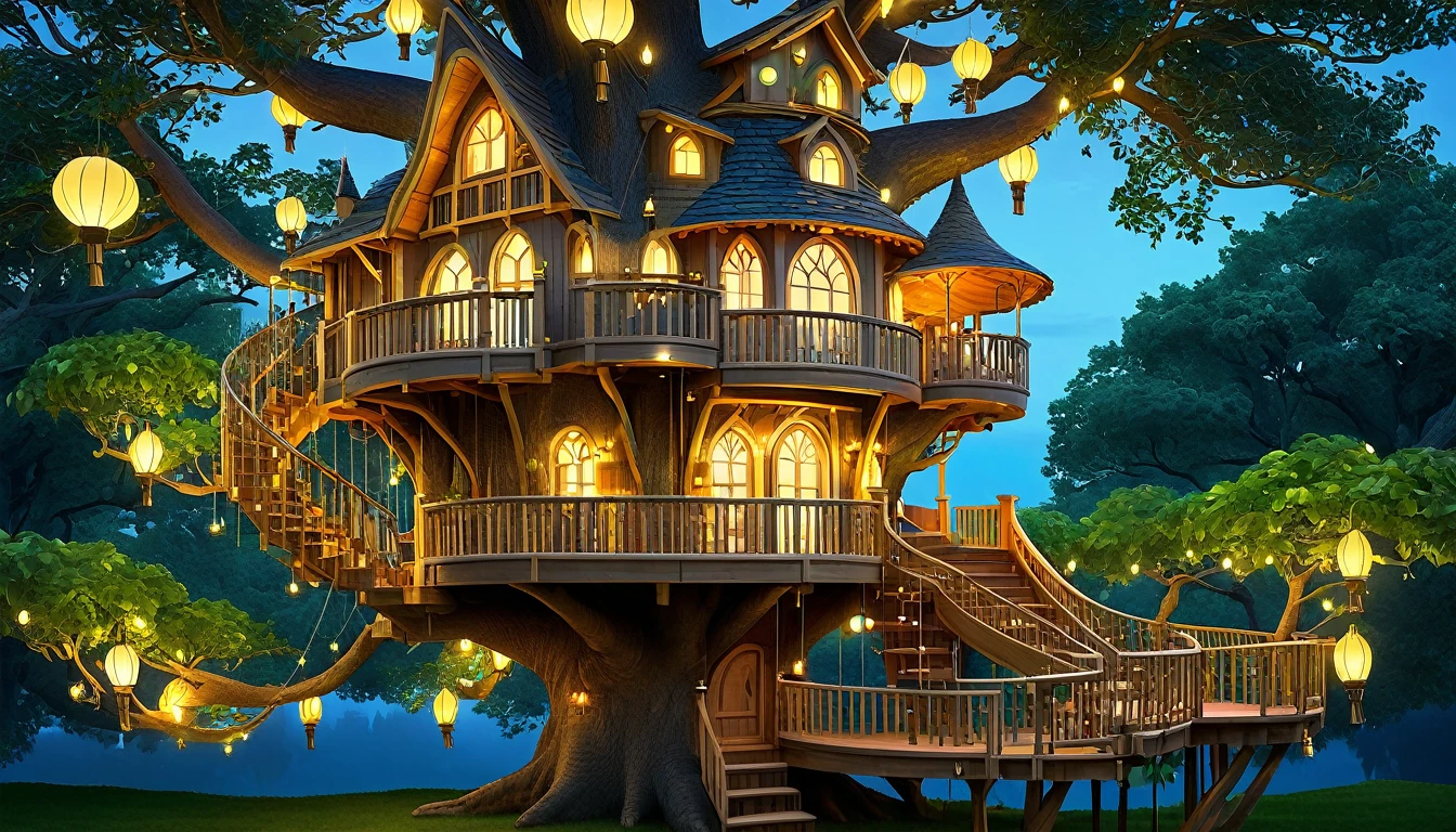 Design a whimsical treehouse with multiple floors and balconies, built into a large tree. Include glowing lanterns and vibrant greenery for a magical effect.