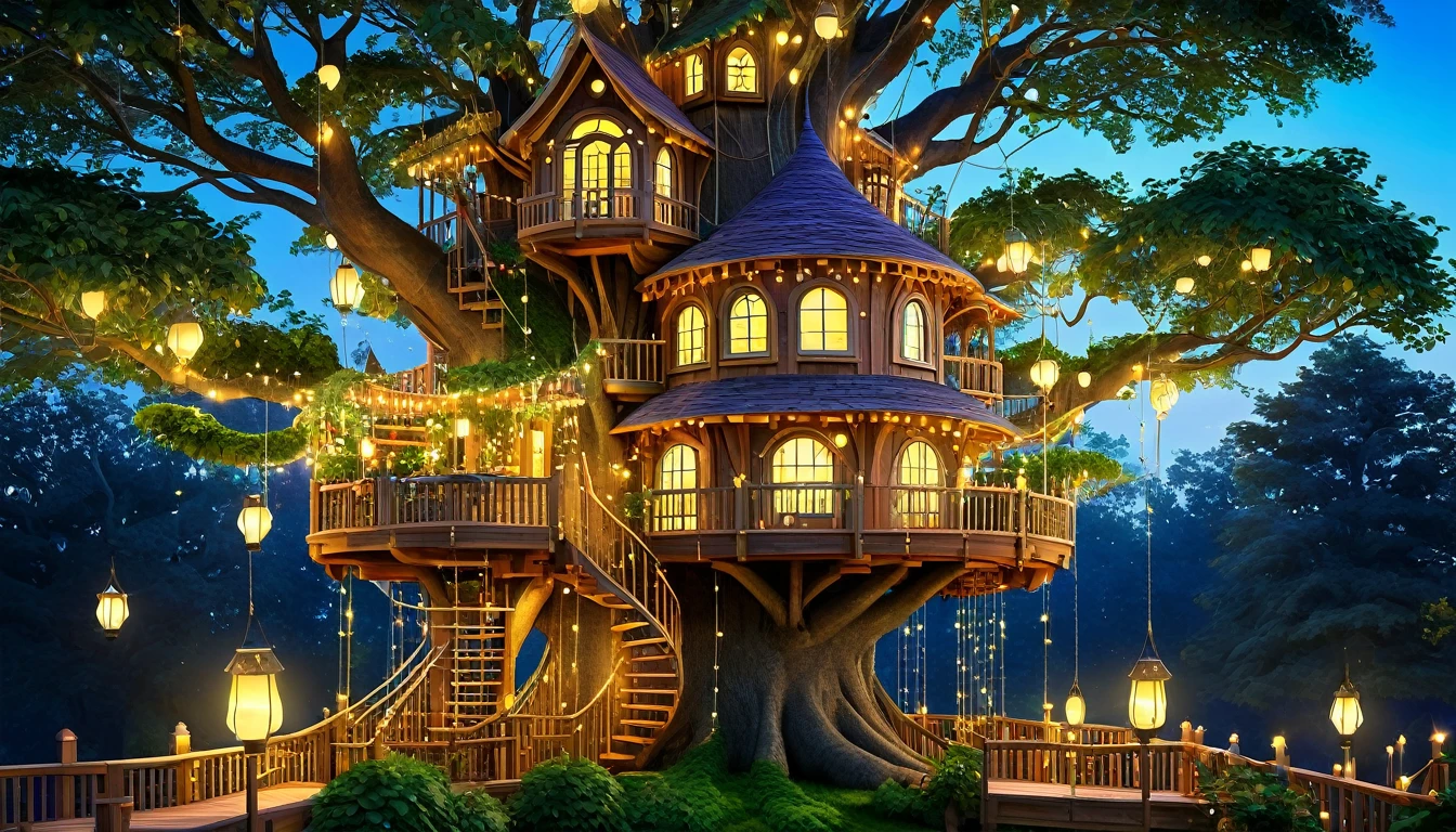 Design a whimsical treehouse with multiple floors and balconies, built into a large tree. Include glowing lanterns and vibrant greenery for a magical effect.