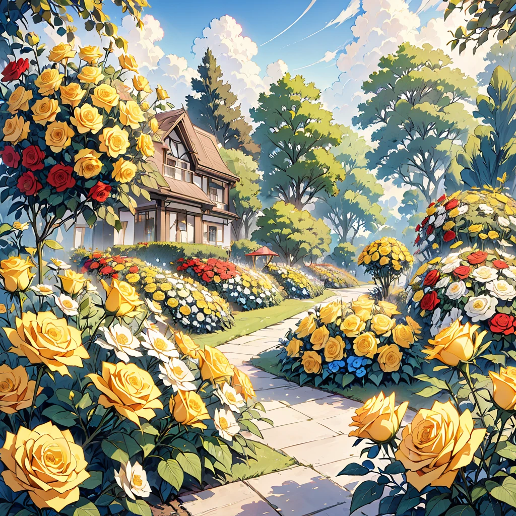 A flower garden of yellow roses with red and blue.