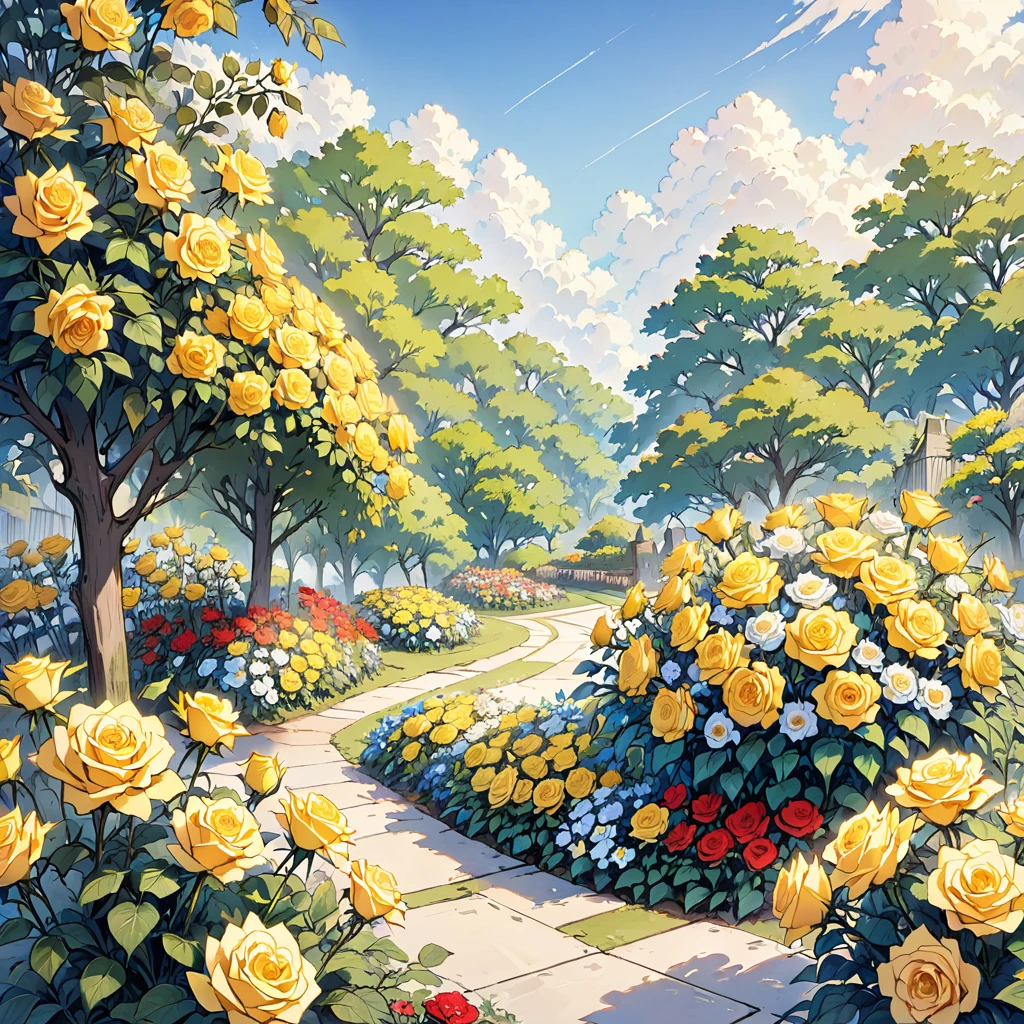 A flower garden of yellow roses with red and blue.
