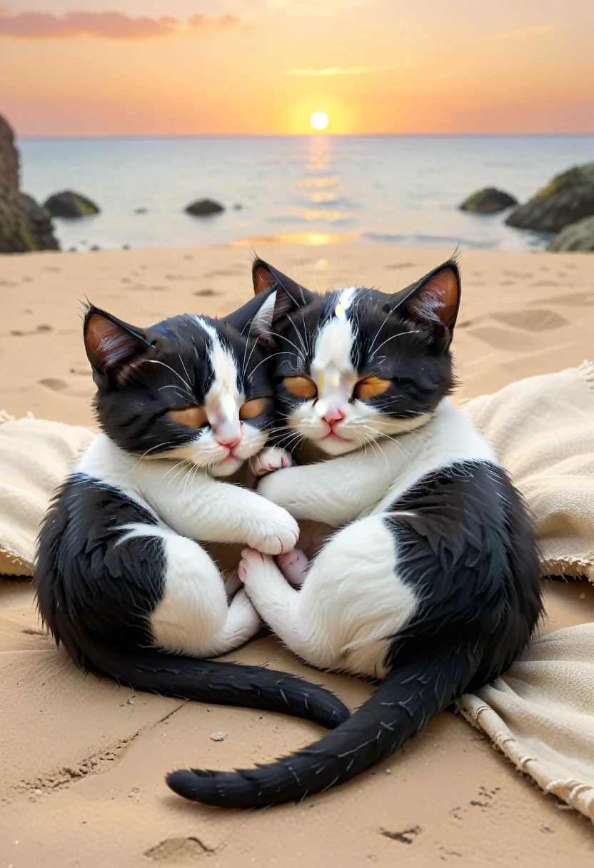 With the sunset in the background,(masterpiece:1.2, high quality), Sleeping together2Kittens、