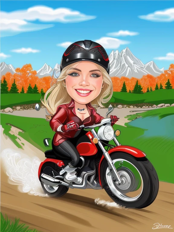 Digital drawing, 8k, of a blonde woman riding a motorcycle