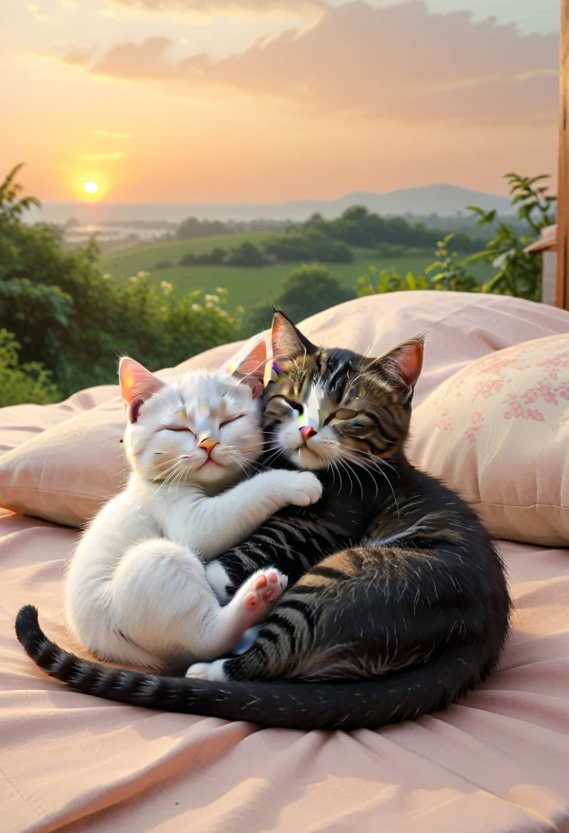 With the sunset in the background,(masterpiece:1.2, high quality), Sleeping together２Kittens、