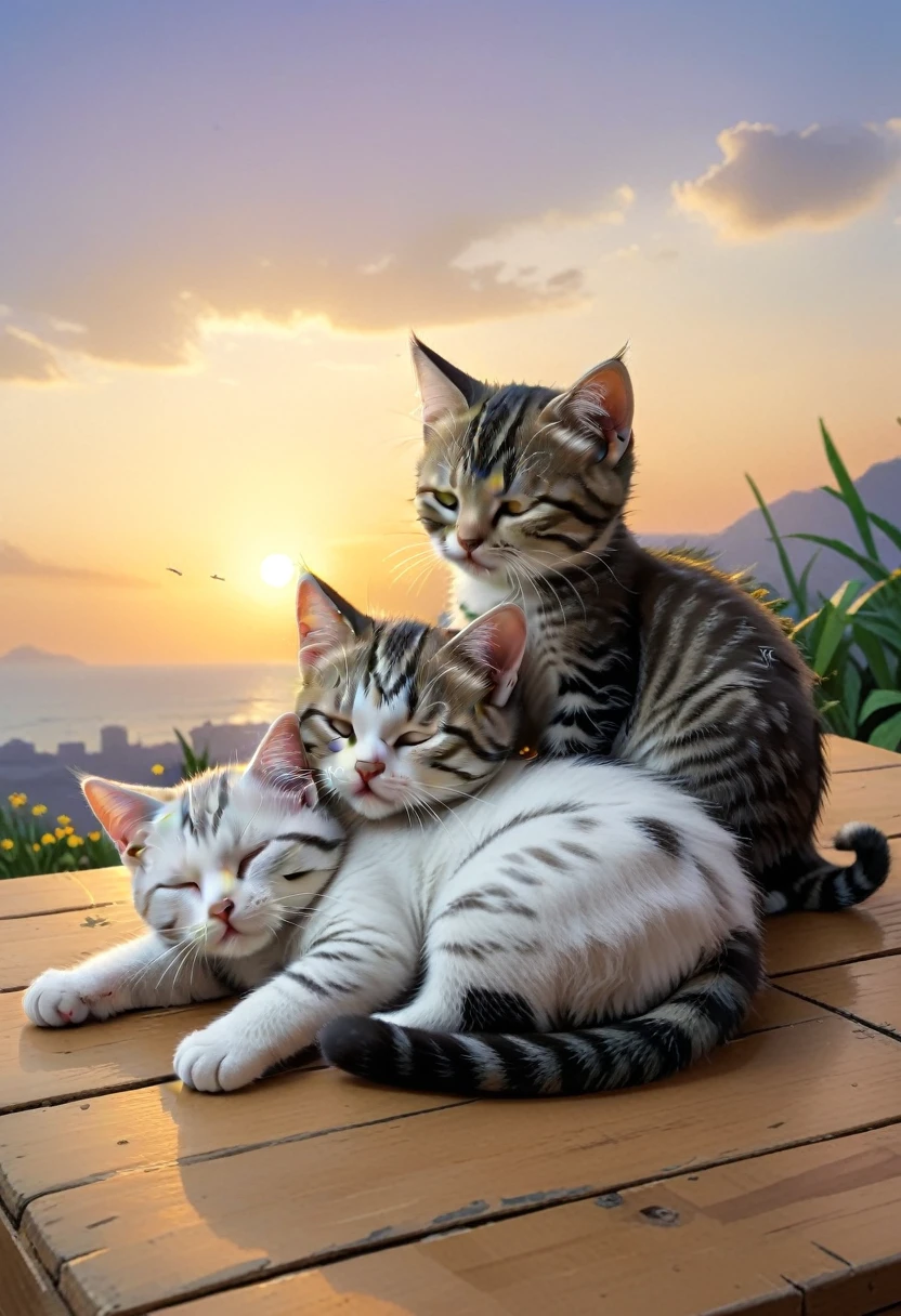 With the sunset in the background,(masterpiece:1.2, high quality), Sleeping together2Kittens、