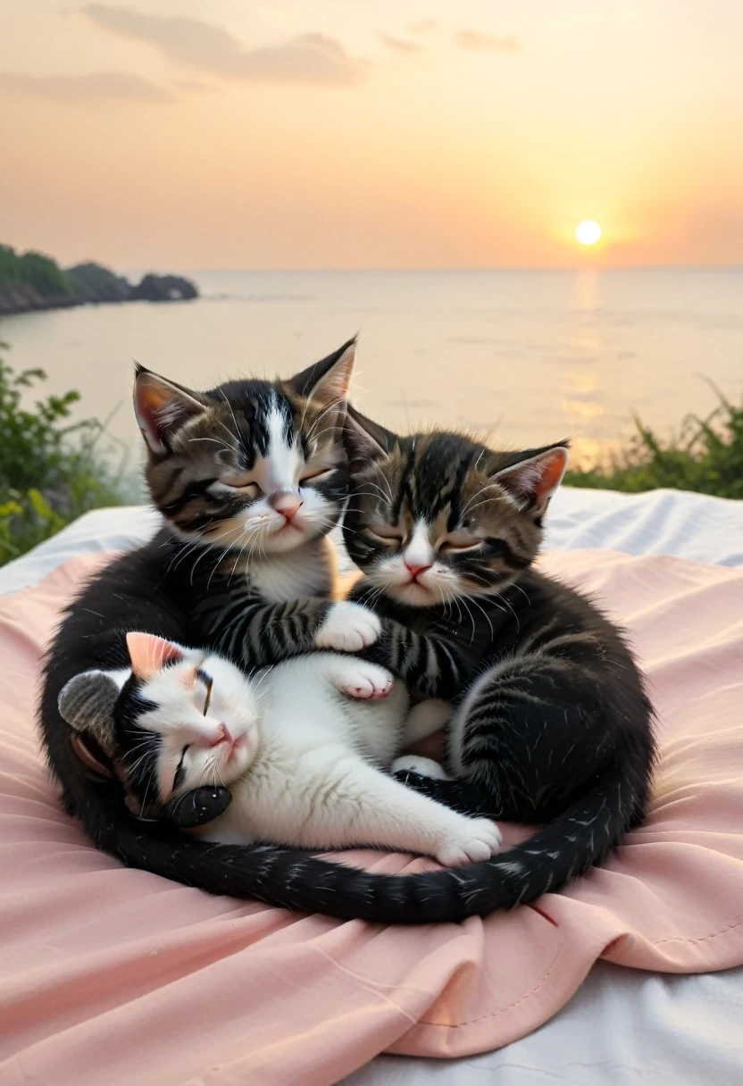 With the sunset in the background,(masterpiece:1.2, high quality), Sleeping together2Kittens、