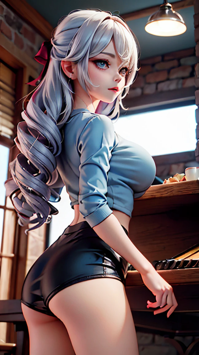 One girl, short t-shirt, skirt, leggings, eyes blue, big ass, perfect breast, slim, cute, sexy, very detailed, exquisite lighting and composition, , 8k, sharp, highly detailed, high resolution, looking back