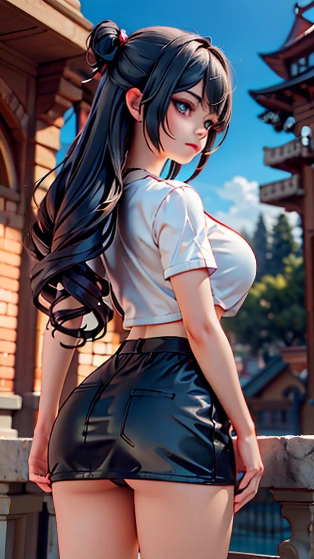 One girl, short t-shirt, skirt, leggings, eyes blue, big ass, perfect breast, slim, cute, sexy, very detailed, exquisite lighting and composition, , 8k, sharp, highly detailed, high resolution, looking back