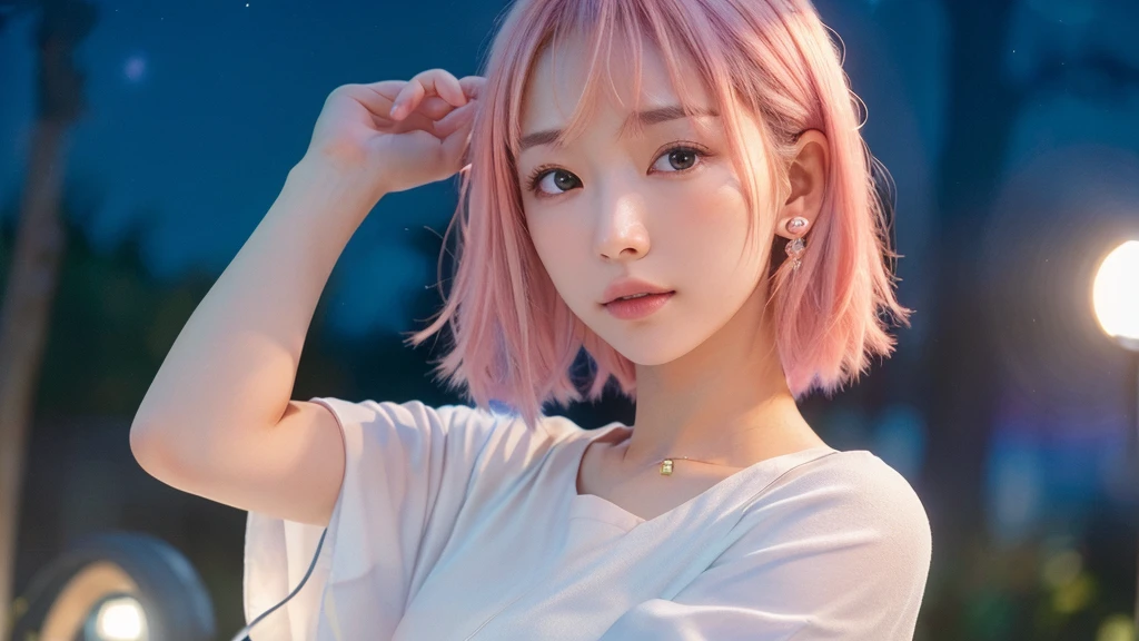 shiny skin、lightly dressed、exposed、thin white shirt、(highest quality,masterpiece:1.3,超A high resolution,),(super detailed,caustics),(Photoreal:1.4,RAW shooting,)ultra-realistic capture,very detailed,High definition 16K for human skin、 Natural skin texture、、Skin looks even-toned and healthy、 Use natural light and color,one woman,Japanese,,cute,pink haired,middle hair,(Depth of the bounds written、chromatic aberration、、wide range of lighting、natural shading、)、(Outdoor lights at dusk:1.4)、(outdoor lights at night:1.4)、(hair swaying in the wind:1)、short hair、Put on your ears、The setting sun is shining in、older sister