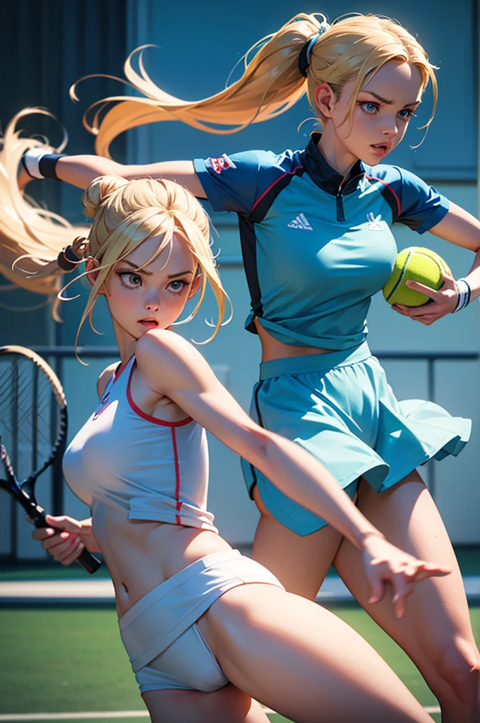 A beautiful mid-twenties woman with long, blonde hair up in a bun. She has big breasts and blue eyes and delicate features, with a confident and dominant expression. She is playing tennis and is in a dynamic pose, striking at the ball with intensity. The background shows a tennis court, and her outfit is sporty. The scene shows her whole body in action, rendered in a highly detailed digital painting style. The focus is on vibrant colors, dynamic lighting, and artistic details, capturing the energy and motion of the moment