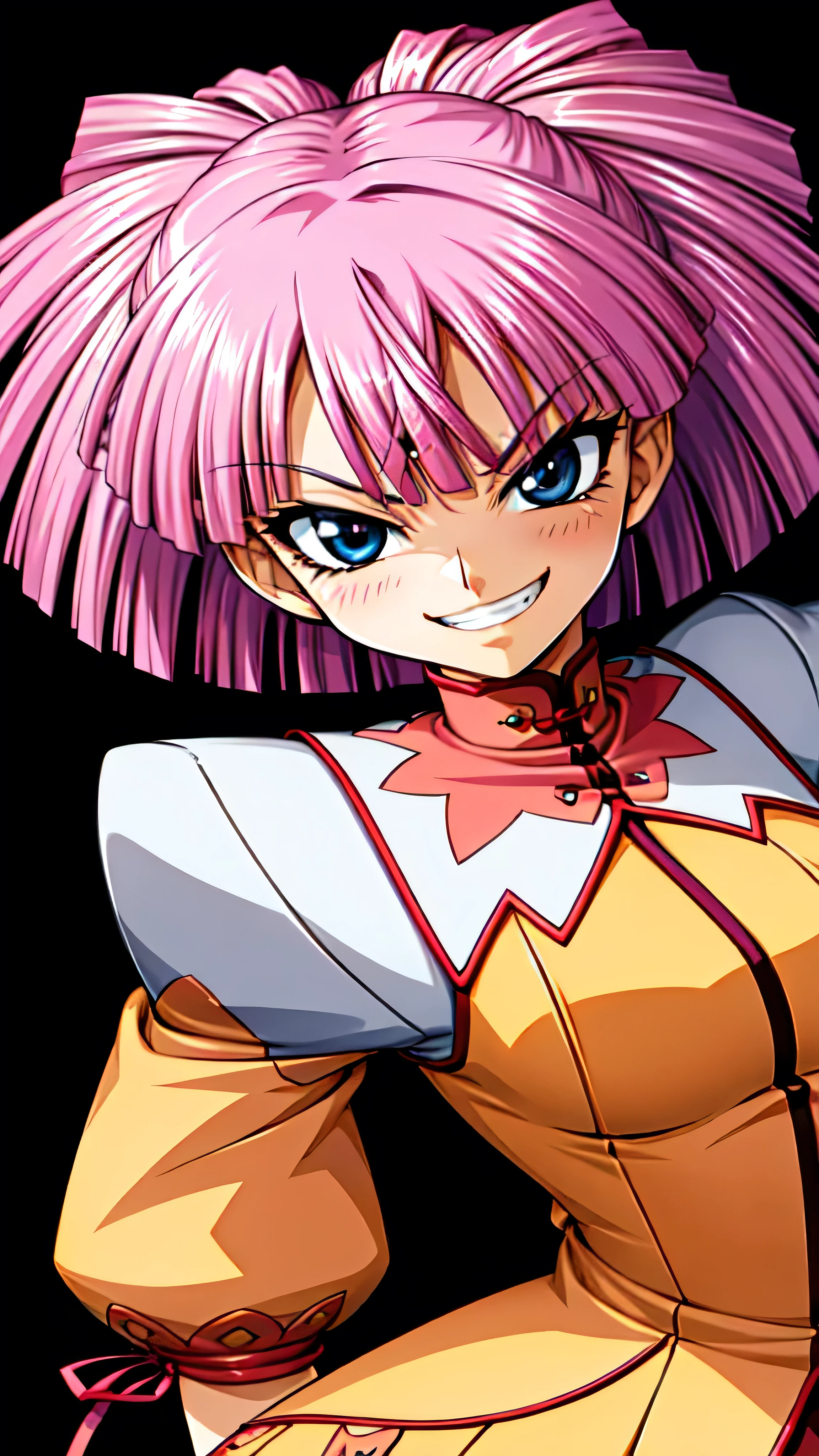 (best_quality 4K, 8K, High resolution, Masterpiece: 1.2), ultra detailed),from_below,(anime_screencap),(1girl,solo),dynamic_angle,too evil_smile,too evil laugh at,tis,deep shaded_face,too sadistic smile,smile worst,,bob short hair,,,looking at viewer,upper body,black background,too worst smile,too bad smile,too evil smirk,,too sadistic smirk,deep dark face,
