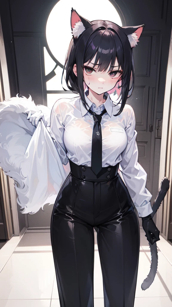 18-year-old Shota,cute,Wear a white long-sleeved shirt and a black work tie,Wear black pants,Wear black booties,Wear white gloves,wear cat ear,Wearing a collar,Black hair,Black eyes,Very thin waist,Very thin legs,Handsome,Disdainful and cold expression,shy,blush,Sweating,porn,Is giving sexual assault,Glove removal action