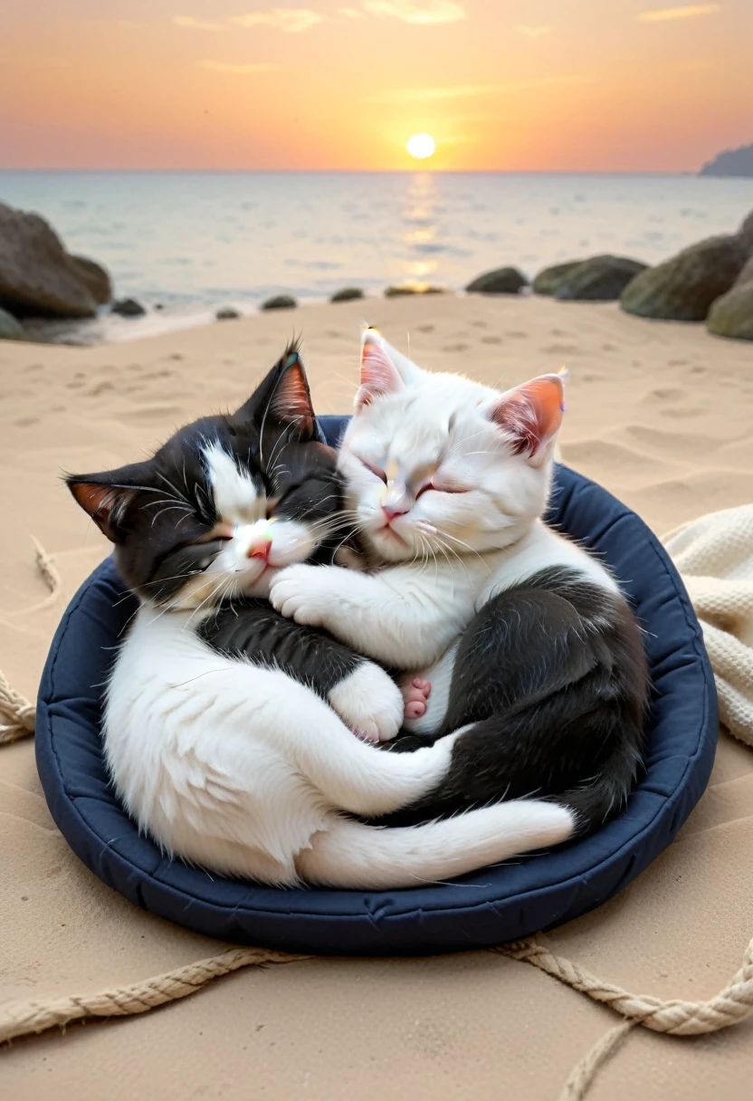 With the sunset in the background,(masterpiece:1.2, high quality), Sleeping together２Kittens、