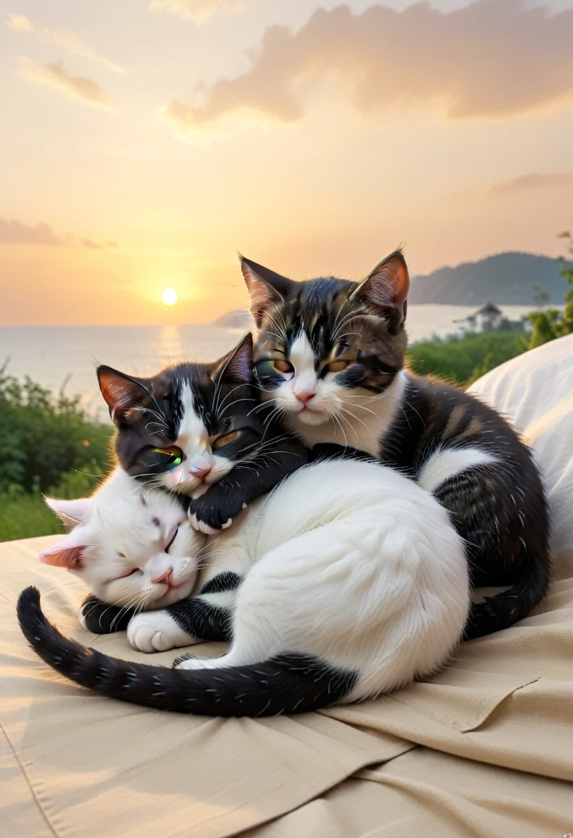 With the sunset in the background,(masterpiece:1.2, high quality), Sleeping together2Kittens、