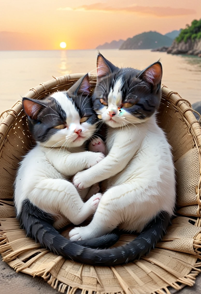 With the sunset in the background,(masterpiece:1.2, high quality), Sleeping together2Kittens、