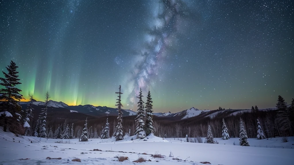 ((Highest quality, 8K, masterpiece, Photorealism, RAW Photos, Highest quality)), snow and ice covered trees against night galaxy sky, supernova at sky, Nebula Sky, Clear winter night、Starry Sky, snowy trees, cannon snowy trees, winter snow, snow, pale as the first snow of winter, Giant white tree in winter, snowy winter, winter in snow, Branches reach the sky, snow falls on trees and ground, View from below, Cold snow, Ultra-realistic, High-resolution realism, Realistic photos, Professional Color Correction, Shot with Canon EOS 5D Mark IV , Milky Way and Aurora in the Sky, Nebula Sky