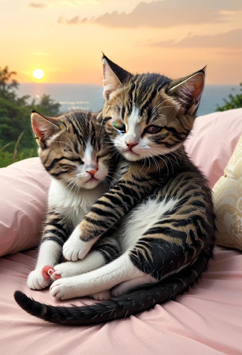 With the sunset in the background,(masterpiece:1.2, high quality), Sleeping together２Kittens、