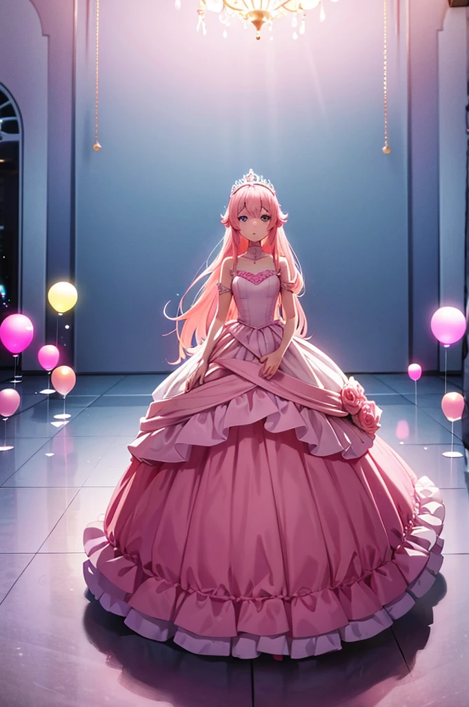 Barbie Loiras ，Pink mermaid, shining blue eyes, sea background，standing alone，2/3 Showcase ，Princess Barbie in cute light pink dress, Wearing a beautiful crown, Interior photography of a monumental labyrinth, Inflated pink balloon, Artistic installations by Martin Creed , ((full body shot shot)), pink back ground, 精致的面容, Caucasian skin, Delicate facial features, perfect facial features, delicate hair portrait, delicate representation of the eyes, 8K image quality, a sense of atmosphere, a mais high qualiy, Masterpiece artwork, extreme detail, high resolution, blurry foreground, foreshortening, high qualiy, work of art, best qualityer